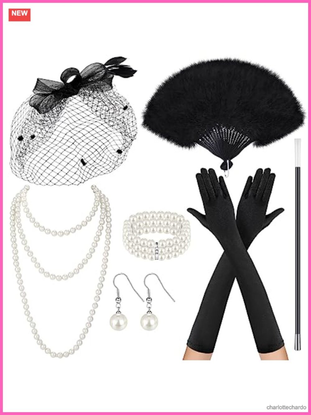 Tea Party Costume Accessory Set Black Funeral Hat Veil Satin Gloves Fan